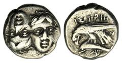 Monete greche / Greek Coins Moesia Inferiore, Dracma, Istrus, 400-300 a.C., AR, (g 5,06, mm 17, h 2). Due teste maschili affiancate, una capovolta, Rv. IΣTPIH, aquila sul delfino a s., sotto monogr.. 