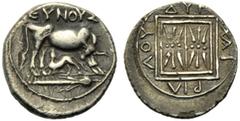Monete greche / Greek Coins Illiria, Dracma, Dyrrhachium, c. 229-100 a.C., AR, (g 3,27, mm 17, h 12). Mucca con vitello a d.; sopra [...]EYNOYΣ, Rv. ΔYP, quadrato con doppio motivo a stella; intorno X