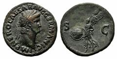 Monete romane imperiali / The Roman Empire Nerone (54-68), Asse, Roma, 67 d.C., AE, (g 9,99, mm 27, h 6). Testa laureata a d., Rv. La Vittoria avanza verso s., tiene uno scudo. RIC 368; BMCRE 250. bb+
