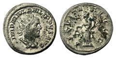 Monete romane imperiali / The Roman Empire Filippo I (244-249), Antoniniano, Roma, 244-247 d.C., AR, (g 4,24, mm 22, h 6). Busto radiato, drappeggiato e corazzato a d., Rv. L’Aequitas stante verso s..