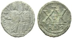 Monete bizantine / The Byzantine Empire Giustino II (565-578), Mezzo follis o 20 nummi, Roma o zecca militare, AE, (g g 3,74, mm mm 21, h ). D/ Giustino e Sofia in trono frontali, uno accanto l’altro;