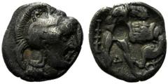 Calabria Diobol,Taras, c. 325-280 BC, AR, (g 0,70, mm 10, h 12). Head of Athena r., wearing crested helmet decorated with hippocamp, Rv. Herakles strangling lion; at l. clab, between legs Δ. HNItaly 9
