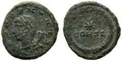Special Issue for the foundation of Constantinople Nummus,Constantinople, 7th officina, AD 330, AE, (g 1,05, mm 14, h 6). POP ROMANVS, diademed and draped bust of Genius l., cornucopia over shoulder, 