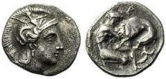 Apulia, Diobol,Taras, c. 380-325 BC, AR, (g 1,09, mm 11, h 8). Head of Athena r., wearing Attic helmet decorated with Skylla, Rv. TA, Herakles stragling lion with both hand; at l. club. HNItaly 912; S