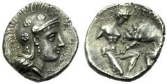 Apulia, Diobol,Taras, c. 325-280 BC, AR, (g 1,05, mm 11, h 11). Head of Athena r., wearing crested helmet decorated with rosettes, below A, Rv. [TAPA]NTINON, Herakles knelling, figthing against Nemean