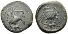 Sicily, Tetras,Akragas, c. 425-406 BC, AE, (g 10,18, mm 22, h 9). AKPA, eagle standing r., holding hare with talons, Rv. Crab; below three pellets and cryfish. CNS I, n. 54; SNG ANS 1040.About extrem