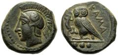 Sicily, Tetras,Kamarina, c. 425-405 BC, AE, (g 3,30, mm 15, h 6). Head of Athena l., wearing Attic crested helmet, Rv. KAMA, owl standing l., holding lizar with claws; in ex. three pellets. CNS III, n