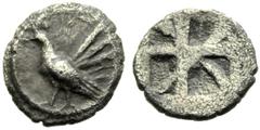 Sicily, Tetras,Himera, c. 490 BC, AR, (g 0,24, mm 0,7, h -). Cock l., Rv. Incuse square, inside four sailis like a windmill. SNG ANS - (cfr. n. 145); SNG Copenhagen - (cfr. 297).Very rare. Old cabine