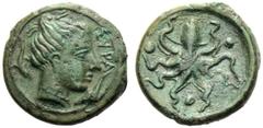 Sicily, Tetras,Syracuse, Second Democracy (466-405), c. 466-405 BC, AE, (g 3,94, mm 17, h 8). SYPA, head of Arethusa r.; within two dolphins, Rv. Octopus, around three pellets. CNS II, n. 1; SNG ANS 3