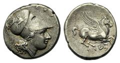 Sicily, Stater,Syracuse, Agathokles (317-289), c. 317-305 BC, AR, (g 8,24, mm 21, h 12). SYPAKOSION, head of Athena r., wearing Corinthian helmet decorated with griffin, Rv. Pegasos flying r., below t