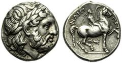 Kings of Macedonia, Tetradrachm,Pella, Philip II, 359-336 and posthumous issues, c. 342-336 BC, AR, (g 14,33, mm 24, h 12). Laureate head of Zeus r., Rv. FI?I?-?OY, warrior standing on horse-back, hol