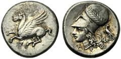 Corinthia, Stater,Corinth, c. 338-330 BC, AR, (g 8,47, mm 21, h 9). Pegasos flying l.; at r. ?, Rv. Head of Athen l., wearing Corinthian helmet decorated with laurel wreath; at r. eagle, below A-P. Ra