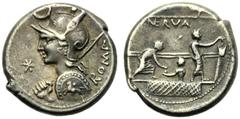 P. Licinius Nerva, Denarius,Rome, 113 or 112 BC, AR, (g 3,86, mm 17, h 2). Helmeted bust of Roma l., holding shield and spear; above, crescent; before, *; behind, ROMA, Rv. Voting scene in the Comitiu