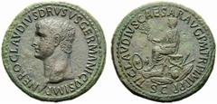 Drusus Maior (Claudius, 41-54), Sestertius,Rome, AD 50-54, AE, (g 28,88, mm 37, h 6). NERO CLAVDIVS DRVSVS GERMANICVS IMP, bare head l., Rv. TI CLAVDIVS CAESAR AVG P M TR P IMP P P, Claudius togate, s
