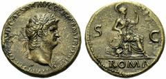 Nero (54-68), Sestertius,Rome, AD 67, AE, (g 24,04, mm 35, h 6). IMP NERO CLAVD CAESAR AVG GERM P M TR P XIII P P, laureate bust r., wearing aegis, Rv. Roma, helmeted and in military dress, seated r. 