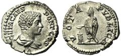Geta, as Caesar (Septimius Severus, 193-211), Denarius,Rome, AD 203-208, AR, (g 3,11, mm 19, h 12). GETA CAES - PONT COS, draped and cuirassed bust r., Rv. VOTA - PVBLICA, Geta, veiled, standing l., h