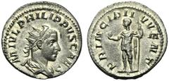 Philip II, as Caesar (Philip I, 244-249), Antoninianus,Rome, AD 244-246, AR, (g 4,01, mm 22, h 1). M IVL PHILIPPVS CAES, radiate, draped and cuirassed bust r., Rv. PRINCIPI I - VVENT, Philip II standi