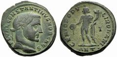 Constantine I, as Caesar (306-307), Nummus,Antiochia, AD 306, AE, (g 11,02, mm 27, h 6). FL VAL CONSTANTINVS NOB CAES, laureate head r., Rv. GENIO POPV - LI ROMANI, Genius standing l., holding patera 