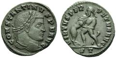 Constantine I (306-337), Nummus,Ticinum, AD 307-308, AE, (g 5,86, mm 26, h 12). CONSTANTINVS P F AVG, laureate head r., Rv. VIRTVS PER - PETVA AVG, Hercules standing l., strangling Nemean lion; on r.,