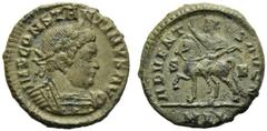 Constantine I (306-337), Nummus,London, AD 314-315, AE, (g 3,74, mm 19, h 6). IMP CONSTANTINVS AVG, laureate and cuirassed bust r., Rv. ADVENT - VS AVG, emperor riding l., holding spear and raising ha