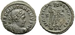 Constantine I (306-337), Nummus,London, AD 314-315, AE, (g 3,18, mm 20, h 6). IMP CONSTANTINVS AVG, laureate and cuirassed bust r., Rv. MARTI CON - SERVATORI, Mars standing r., holding spear and shiel