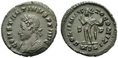 Constantine I (306-337), Nummus,London, AD 316, AE, (g 3,20, mm 21, h 5). CONSTANTINVS P F AVG, laureate, mantled and cuirassed bust l., Rv. SOLI INVIC - TO COMITI, Sol standing l., holding globe and 