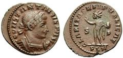 Constantine I (306-337), Nummus,London, AD 317, AE, (g 3,50, mm 20, h 7). CONSTANTINVS P AVG, laureate and cuirassed bust r., Rv. CLARITAS REI PVBLICAE, Sol standing l., holding globe and raising hand