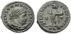 Constantine I (306-337), Nummus,London, AD 317, AE, (g 3,28, mm 20, h 7). CONSTANTINVS P AVG, laureate, draped and cuirassed bust r., Rv. SOLI INVIC - TO COMITI, Sol standing l., holding globe and rai