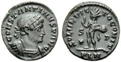 Constantine I (306-337), Nummus,London, AD 317, AE, (g 3,09, mm 20, h 6). CONSTANTINVS P AVG, laureate and cuirassed bust r., Rv. SOL INVIC - TO COMITI, Sol standing l., holding globe and raising hand