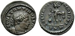 Constantine I (306-337), Nummus,London, AD 317, AE, (g 3,66, mm 20, h 8). CONSTANTINVS P A[VG], laureate and cuirassed bust r., Rv. SOL INVIC - TO COMITI, Sol standing l., holding globe and raising ha