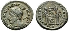 Constantine I (306-337), Nummus,London, AD 320, AE, (g 2,82, mm 18, h 6). IMP CONSTANT - INVS AG, helmeted and cuirassed bust l., holding spear, Rv. VICTORIAE LA[ETA]E PRINC PERP, two Victories, stand