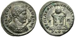 Constantine I (306-337), Nummus,London, AD 321, AE, (g 3,18, mm 19, h 6). CONSTAN - TINVS AVG, laureate and mantled bust r., holding sceptre, Rv. BEATA TRA *** NQVILLI[TAS], globe on altar inscribed V