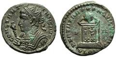 Constantine I (306-337), Nummus,London, AD 321, AE, (g 3,69, mm 19, h 7). CONSTANT - INVS AVG, radiate and cuirassed bust l., holding sceptre, Rv. BEATA TRA *** NQVIL[LIT]AS, globe on altar inscribed 