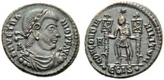 Vetranio (350), Nummus,Siscia, 19 January - 25 December AD 350, AE, (g 5,56, mm 22, h 6). D N VETRA - NIO P F AVG, laureate, draped and cuirassed bust r.; in field, A - *, Rv. CONCORDIA - MILITVM, emp