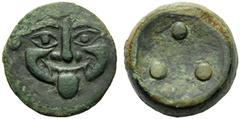 Sicily, Himera, Tetras, After 430 BC; AE (g 13,30; mm 20; h 6); Gorgoneion, Rv. Three pellets. CNS I, n. 18; SNG Copenhagen 315-316; SNG ANS 181.Rare. Light green patina. Very fine/Good very fine
