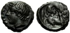 Sicily, Piakos, Tetras, c. 404 BC; AE (g 2,09; mm 12; h 4); PIAK, laureate head of river god l.; at l. six pellets, Rv. Hound attacking stag r.; at l. grain. All within incuse circle. CNS III, n. 2; S