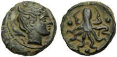 Sicily, Syracuse, Tetras, Second Democracy (466-406), After 425 BC; AE (g 3,38; mm 16; h 9); Head of Arethusa r. with hair bound; at l. dolphins and Y, Rv. Octopus and three pellets. CNS II, n. 1 fr 1