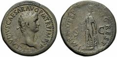 Claudius (Titus, 79-81), Restitution Sestertius, Rome, AD 80-81; AE (g 28,19; mm 35; h 6); TI CLAVDIVS CAESAR AVG P M TR P IMP P P, laureate head r., Rv. IMP T VESP - [A]VG REST, Spes advancing l., ho