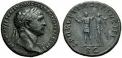 Trajan (98-117), Sestertius, Rome, AD 103-111; AE (g 23,98; mm 23; h 6); [IMP C]AES NERVAE TRAIANO AVG GER DAC P M TR P COS V P P, laureate bust r., drapery on l. shoulder, Rv. S P Q R OPTIMO PRINCIPI