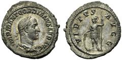 Gordian II (238), Denarius, Rome, March - April AD 238; AR (g 2,05; mm 21; h 12); IMP M ANT GORDIANVS AFR AVG, laureate, draped and cuirassed bust r., Rv. VIRTVS - AVGG, Virtus standing l., holding sp