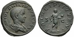 Philip II, as caesar (Philip I, 244-249), Sestertius, Rome, AD 244-246; AE (g 18,27; mm 30; h 12); M IVL PHILIPPVS CAES, draped bust r., Rv. PRINCIPI IVVENT, Philip II standing r., holding spear and g