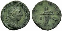 Trebonianus Gallus (251-253), Sestertius, Rome, AD 251-253; AE (g 22,63; mm 30; h 6); IMP C[AES C VI]BIVS TREBONIANVS GALL[VS AVG], laureate, draped and cuirassed bust r., Rv. SALVS AVGG, Salus standi