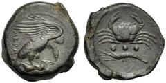 Sicily, Tetras, Akragas, c. 420-406 BC, AE (g 9,99"; mm 21; h 2), AKPA, eagle flying r., holding hare with claws, Rv. Crab; below, three pellets and cryfish l. CNS I, n. 54; SNG Copenhagen 76;" SNG AN