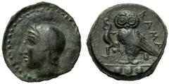 Sicily, Tetras, Kamarina, c. 420-410 BC, AE (g 3,28"; mm 14; h 3), Head of Athena l., wearing crested Corinthian helmet, decorated with a wing. Dotted border, Rv. KAMA, owl standing l., holding lizard