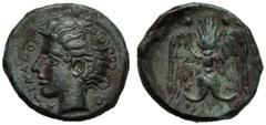 Sicily, Tetras, Katane, c. 405-402 BC, AE (g 2,06"; mm 14; h 11), Head of river-god l. with horn and floating hair; at r., ivy-leaf, at l., AMENANOΣ, linear border, Rv. K-A, winged thunderbolt; around