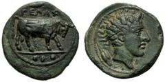 Sicily, Tetras, Gela, c. 420-407 BC, AE (g 2,96"; mm 17; h 10), ΓEΛAΣ, bull advancing r.; above grain, in ex., three pellets. Linear border, Rv. Head of river god r.; at l., grain. Linear border. CNS 