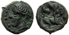 Sicily, Tetras, Piakos, c. 425-420 BC, AE (g 2,32"; mm 13; h 9), ΠIAK, laureate head of river god l.; at l., three pellets, Rv. Hound attacking stag r.; at sides, two grains. CNS III, n. 2; SNG Copenh