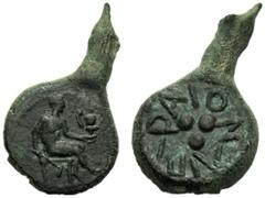 Sicily, Tetras, Lipara, c. 412-408 BC, AE (g 3,76"; mm 14; h 12), Hephaistos seated r., holding hammer and kantharos; linear border, Rv. ΛIΠAPAION, three pellets. CNS I, n. 17; SNG Copenhagen 1090;" S