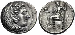 Kings of Macedonia, Alexander III, 336-323 and posthumous issues, Decadrachm, “Babylon”, c. 325-323 BC, AR (g 41,98"; mm 36; h 9), Head of Herakles r., wearing leonté; dotted border. Rv. AΛEΞANΔPOY, Z