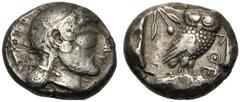 Attica, Tetradrachm, Athens, c. 511-510 BC, AR (g 16,94"; mm 23; h 6), Head of Athena r., wearing crested Attic helmet, Rv. AΘE, owl standing r.;" at l., olive twig. All within incuse square. SNG Cope